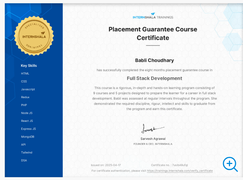 Full Stack Development – Internshala
